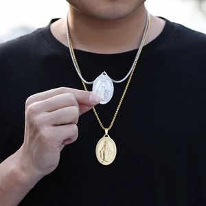 Oval Virgin Mary medallion pendant necklaces in gold and silver stainless steel