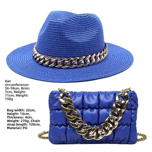 Blue straw jazz hat and matching quilted PU crossbody bag set with chunky gold chain