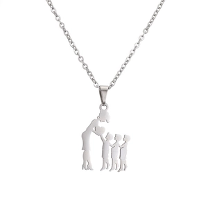 Polished stainless steel necklace featuring a silhouette pendant of a mother and three children