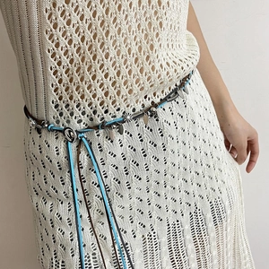 Bohemian woven suede belt and necklace with blue-brown braided ropes and silver charms