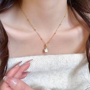 Close-up of golden necklace with a white star pendant worn on a model collarbone