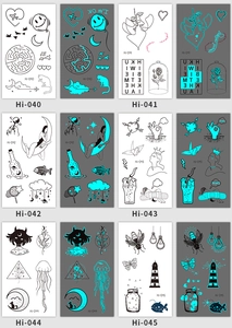 Luminous blue tattoo stickers showing daytime and night glowing effects in 2x3 grid view