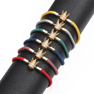 Adjustable colorful braided rope crown bracelets set with gold plating and zircon
