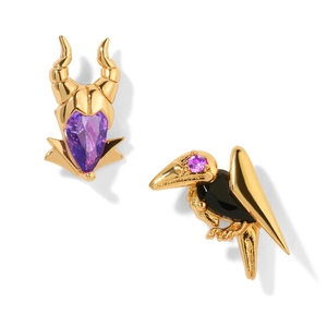 Maleficent style asymmetric earrings with purple gem horns and black crow studs
