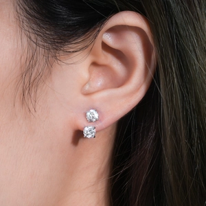 Close-up of sparkling moissanite stud earrings in s925 silver worn by a model