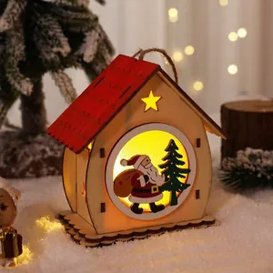 Lighted wooden Christmas cabin ornament with Santa and tree, 8.5x5.5cm size