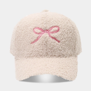 Women's beige lamb wool baseball cap with pink bow embroidery for autumn and winter