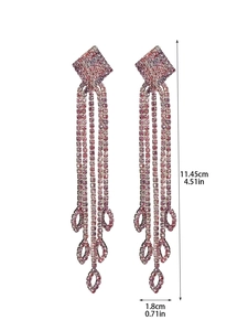Detail view of long tassel earrings with dimensions showing 11.45 cm length and rhinestones