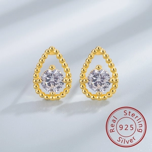 Detailed macro view of S925 sterling silver water drop earrings with clear zircon stones
