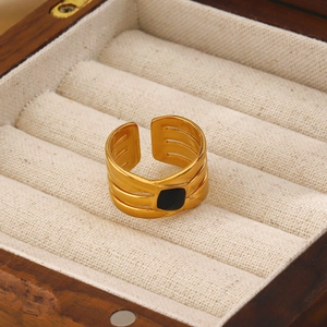 18K gold plated stainless steel open ring with triple layers and black enamel inlay
