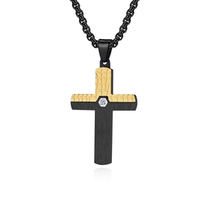 Men's two-tone stainless steel cross necklace with crack pattern and white gem stone inlay