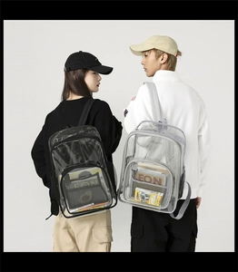 Detail of transparent PVC backpack showing large interior capacity and waterproof material