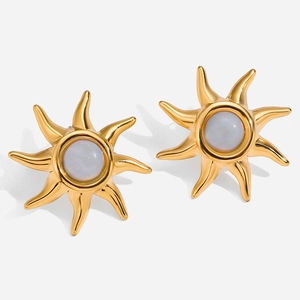 Sun Stud Earrings Gold Plated Stainless Steel Iridescent Opal French Retro Elegant Jewelry For Women Versatile