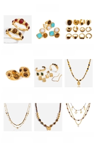 Catalogue détaillé de bagues et colliers vintage en acier inoxydable plaqué or 18 carats et gemme