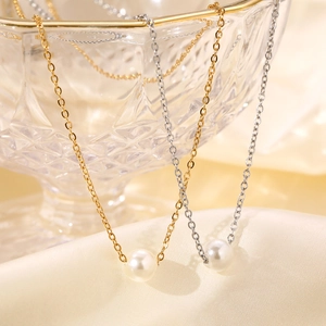 Stainless Steel Single Artificial Pearl Pendant Necklace Elegant Minimalist Clavicle Chain Jewelry For Women Gold Silver Plated