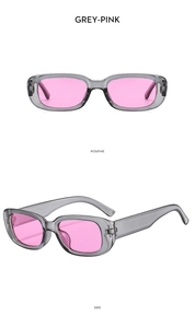 Front and side views of matte grey rectangle sunglasses with pink lenses