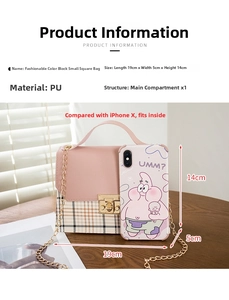 Detailed size comparison of pink and plaid crossbody bag showing phone storage capacity