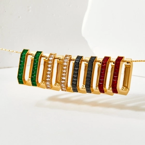 U-shaped gold hoop earrings with colorful rectangle zircon stones on a gold chain
