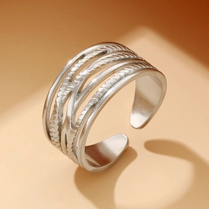 Silver multi-layer crossover open ring with woven texture in high-quality stainless steel