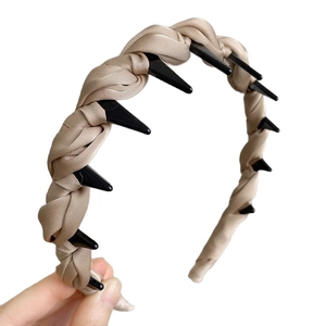 Braided champagne gold satin headband with non-slip comb teeth for volume and style