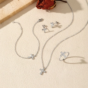 Silver S925 cross jewelry set with moissanite stones including necklace and bracelet