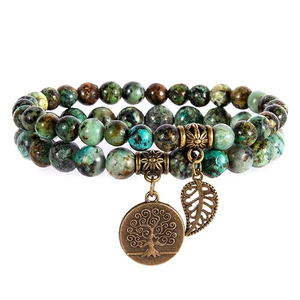 Dual-layer 8mm beaded bracelet with Tree of Life and leaf charms in bohemian style