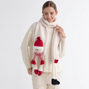 Close-up of white plush scarf featuring a cute snowman doll for Christmas outfit