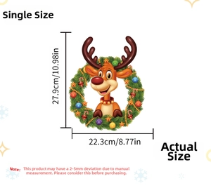 Christmas reindeer wreath wall sticker with bow and stars measuring 27.9cm x 22.3cm