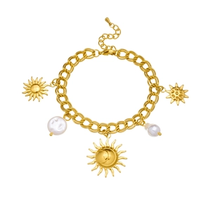 Gold-plated chunky chain bracelet with sun pendants and pearls on a white background