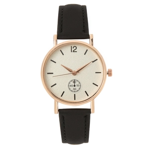 Reloj de cuarzo para mujer con correa de cuero negro y caja de metal en oro rosa