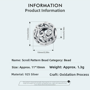 Technical dimensions of 925 sterling silver scroll pattern bead with oxidation process