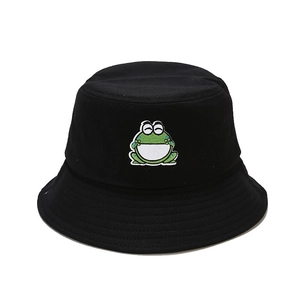 Black cotton bucket hat featuring a cute green cartoon frog embroidery on the front