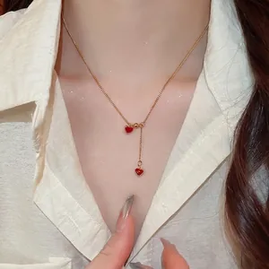 Double Red Heart Pendant Lariat Necklace Titanium Steel Gold Plated Y Shaped Chain Elegant Retro Jewelry For Women