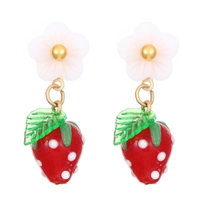 Detail of sweet strawberry and white flower dangle earrings with glossy resin finish