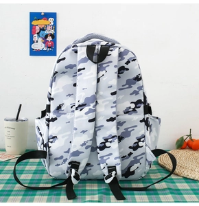 Detail of ergonomic padded shoulder straps and breathable back of camo school backpack