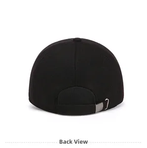 Detailed back view of the black winter baseball cap featuring an adjustable metal buckle
