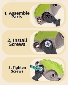 Three-step DIY tutorial for assembling toy dinosaur egg with screws and plastic tool