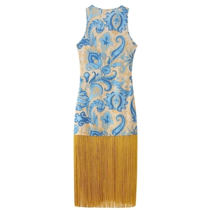 Bohemian paisley print sleeveless dress with fringe hem details on white background