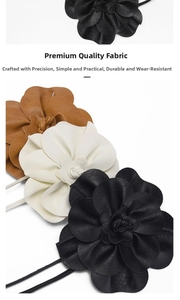 Detail view of handmade PU leather flower accessories in black, cream, and caramel brown