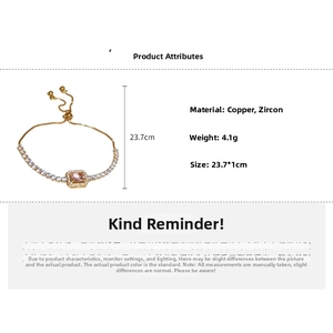 Detail view of adjustable gold-plated copper bracelet with pink zircon stone and size specs