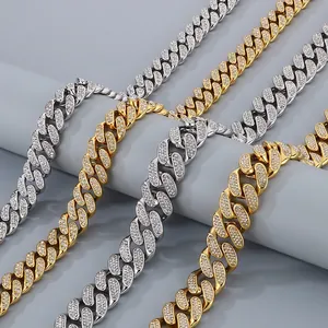 Iced Out Cuban Link Necklace And Bracelet Jewelry Stainless Steel Rhinestone Hiphop Streetwear Style Men