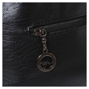 Close-up of gunmetal zipper and kangaroo engraved round metal pendant on black leather bag