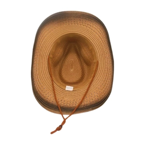 Detail view of woven straw cowboy hat with adjustable wind lanyard and inner sweatband
