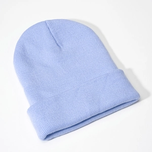 Detailed close-up showing the fine knit texture and cuffed design of a light blue beanie