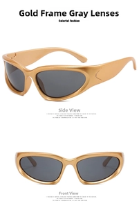 Detailed views of gold wrap-around steampunk sunglasses with futuristic grey lenses