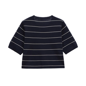 Classic navy and white striped knit short-sleeve top with ribbed crew neck for women