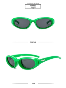 Dual view of green oval Y2K sunglasses with black lenses and metal temple detail