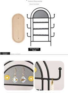 Detail view of the arched jewelry stand with wooden base and mesh storage structure