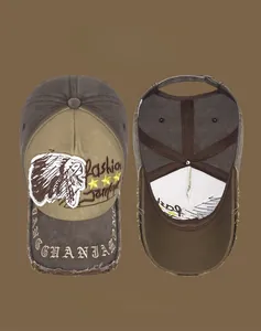 Detail view of vintage five-panel baseball cap with distressed brim and embroidery