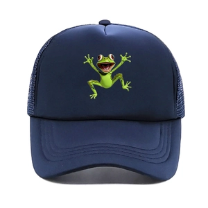 Close-up of a blue trucker hat featuring a vibrant 3D jumping frog print and mesh back
